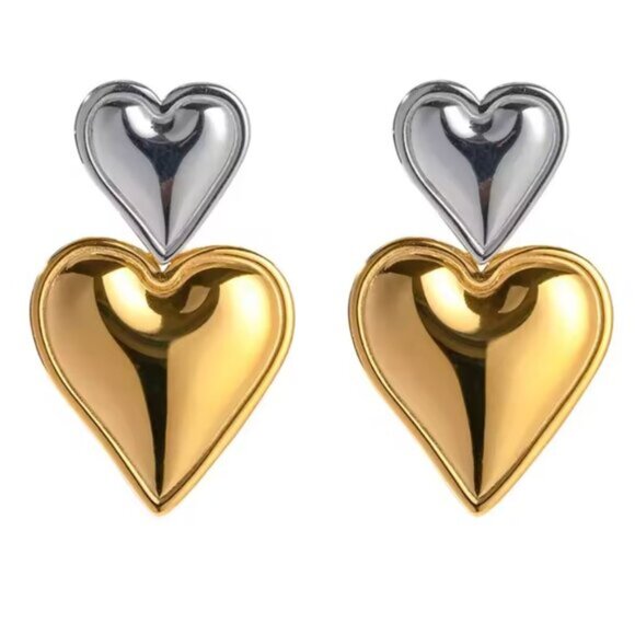 14K Gold Filled Two Tone Heart Earrings - Picture 2 of 4